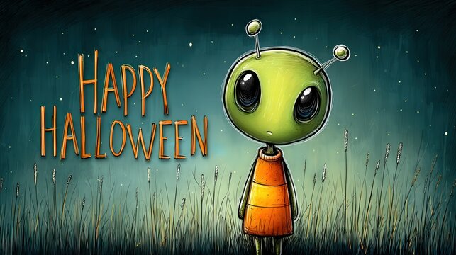 halloween art illustration whimsical cute alien with halloween chlotes with ironic touches "Happy Halloween"  