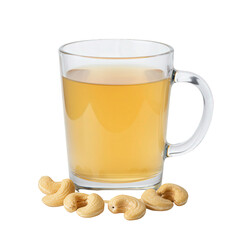 Clear glass mug of golden cashew milk.