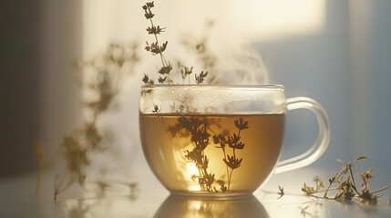 Herbal tea in a glass cup with steam soft neutral ba