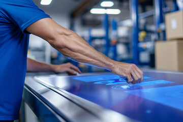 warehouse technician using tablet with augmented reality logistics interface overlay