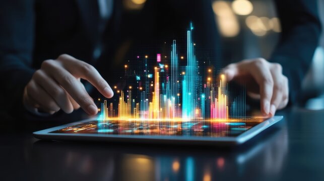 A professional team reviewing a digital business proposal on a tablet in an office environment