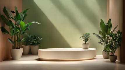 Minimalist room with plants and pedestal, showcasing a product,  ideal for e-commerce