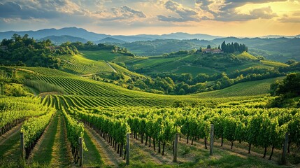 Fototapeta premium Tuscan Vineyard Sunset: Rolling Hills and Golden Hour