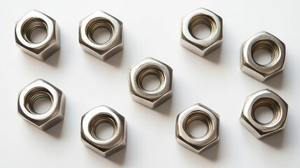 Hexagonal nuts arranged in perfect circle on pale gr