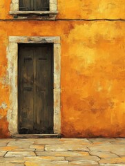 Rustic Charm of an Old World Doorway with Textured Orange Wall and Stone Path in Artistic Style