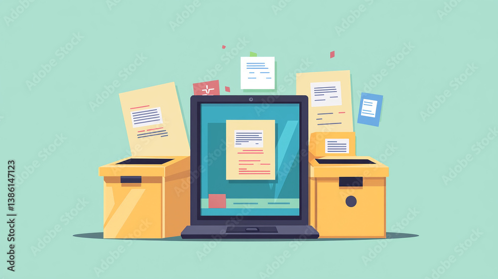 Poster digital document management system for organizing files and data with laptop and storage boxes conce