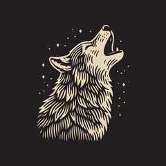 Naklejka premium Gray Wolf Vector Illustration – Vintage Retro Logo Design on Black Background