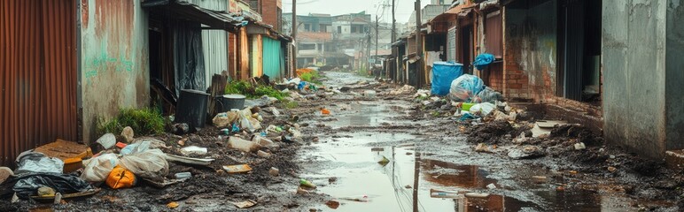 Desolate urban alley lined with trash and debris under a cloudy sky.