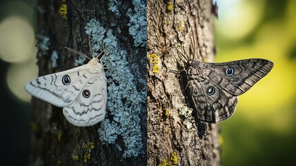 Side side comparison of two moth one light one dark separate tree trunk light colored moth clean natural environment while dark colored moth blend into polluted landscape Highly detailed texture