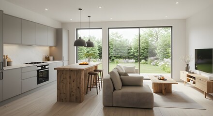 Fototapeta premium Modern minimalist kitchen and living room with wooden accents and large windows. 3D Rendering 
