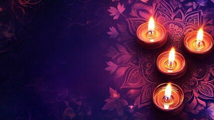 Burning diwali oil lamps celebrating the festival of lights on purple background