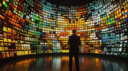trader stands awe, gazing massive digital trading wall filled with vibrant, colorful screens displaying data and information. atmosphere is electric and dynamic, reflecting fast paced world