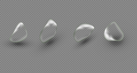 Water droplets scattered on a transparent background or smooth grey surface. Transparent drops and puddles of different sizes reflecting light .Realistic 3d vector banner with raindrops. PNG