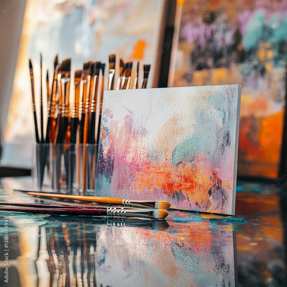 Aufkleber artist's studio: abstract canvas, brushes, and the creative process in motion with reflections & too