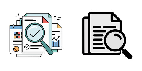 Inspection icon vector icon set black filled and outlined style, Clipboard checklist icon set, magnifying glass clipboard or data search, analysis, clipboard with processing gear, clipboard.