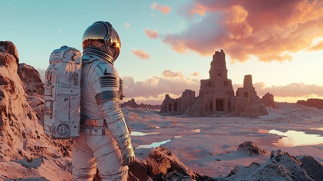Futuristic astronaut explores ancient ruins on an alien planet