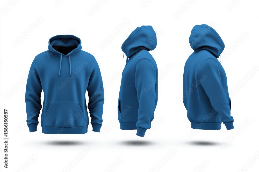 Poster Stylish blue hoodie displayed from multiple angles showcasing design and fit for casual wear