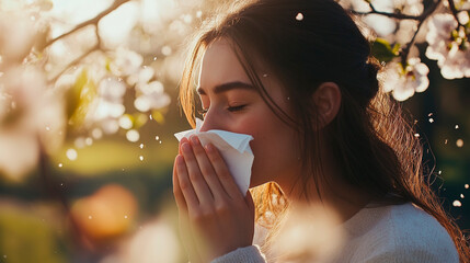 Young woman experiencing allergy flare-up during flowering season, holding tissues for health and medication posts