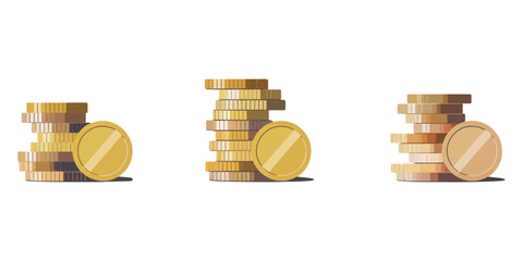 Coins icon set in thin line. vector illustrations for web, Coins stack icon. filled and line stroke icons, Vector illustration of set of different pile of golden shine coin on white background.