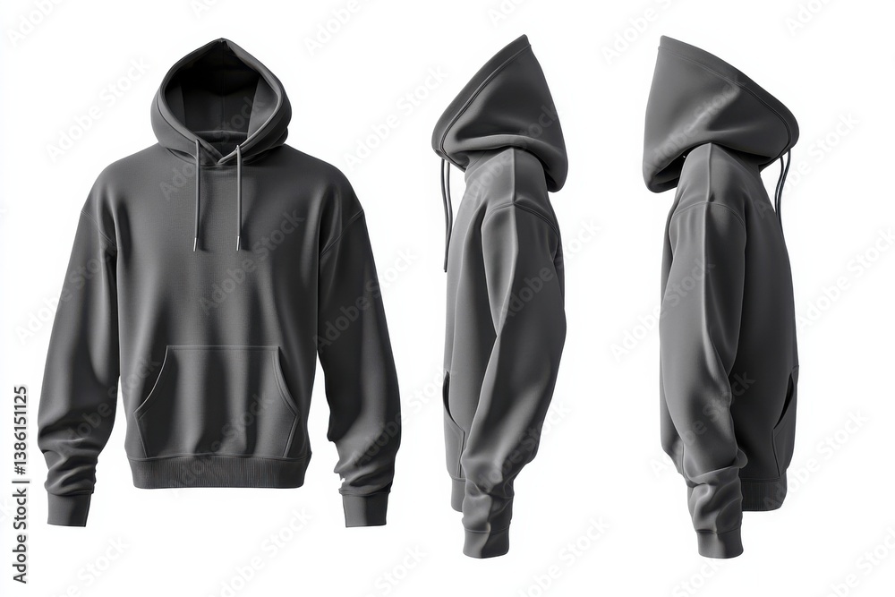 Poster Gray hoodie modeled from multiple angles showcasing design details and fabric texture in a minimalist setting