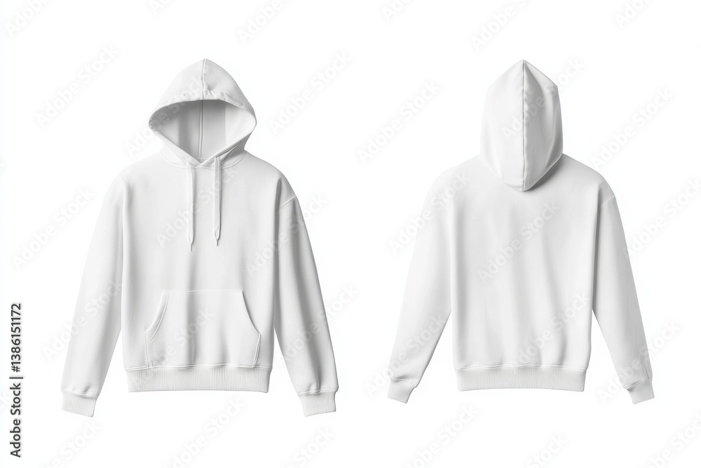 Poster White hoodie displayed from front and back on plain background showcases minimalistic design and versatility for casual wear