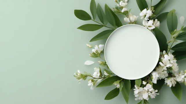 Empty round plate surrounded by white flowers and green leaves on pastel green background