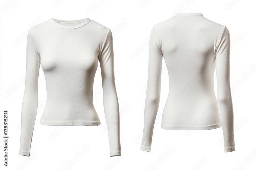 Poster long sleeve white top displayed from front and back views with a minimalist design suitable for casu