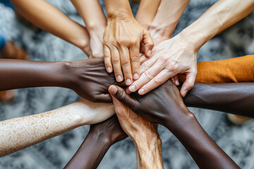 Group of people with different skin tones are holding hands in a circle