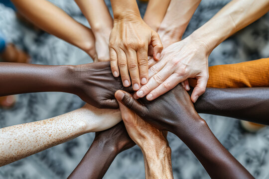 Group of people with different skin tones are holding hands in a circle