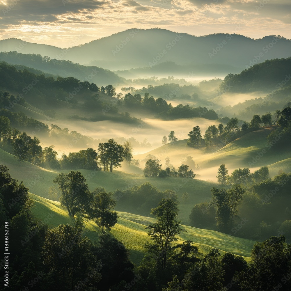 Poster misty mountains at dawn: golden sunlight filters through fog-filled valleys creating a serene and sc