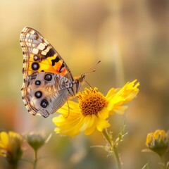 Fototapeta premium Painted Lady Butterfly Sipping Nectar: A Close-Up of Butterfly on a Yellow Flower in Soft Light