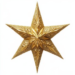 Fototapeta premium Radiant Six-Pointed Golden Star Ornament with Intricate Details, Shining Brightly Against a White Background