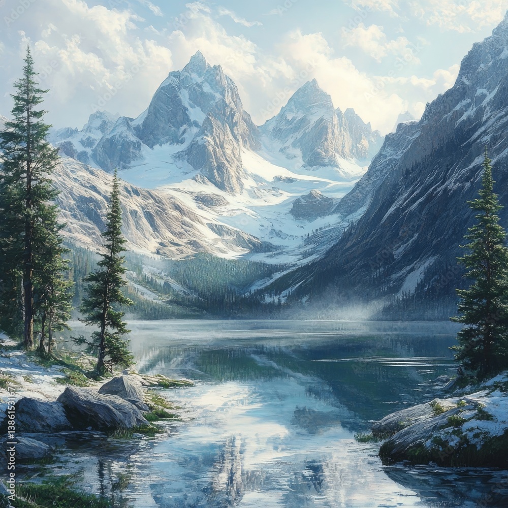 Poster serene mountain lake reflection: majestic peaks and evergreen trees casting shadows on tranquil wate