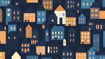 Whimsical Neighborhood: A Pattern of Illuminated Houses against a Dark Canvas