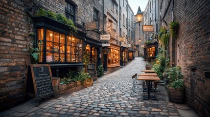 Cobblestone alleyway with shops and outdoor seating