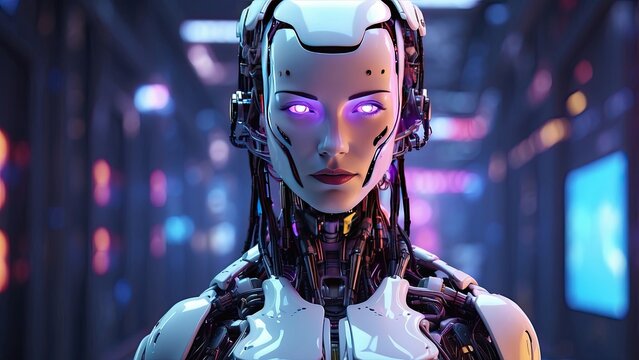 A futuristic robotic figure with a digital