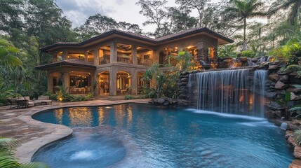 Luxury Villa with Waterfall Pool: Tropical Oasis