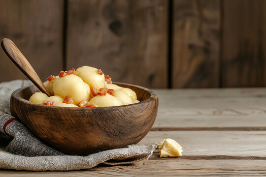 homemade raspeballer potato dumplings with bacon bits, melted butter, rustic wooden bowl, Norwegian farmhouse setting