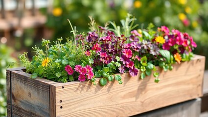 Rustic Wooden Planter Box Overflowing with Spring Herbs