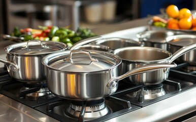 Stainless steel cookware on modern gas stove with fresh vegetables in a gourmet kitchen setting.