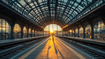 Fototapeta premium Golden Hour at the Grand Train Station: A Majestic Sunset View