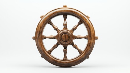 Obraz premium Classic Wooden Ship Wheel on White Background Nautical Maritime Navigation Symbol of Adventure
