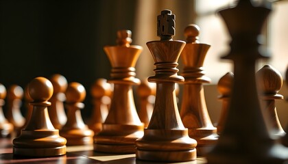 Fototapeta premium Close-up of Wooden Chess Pieces on a Board, Strategy Game