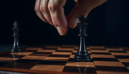 Close-up of Hand Moving Black King Chess Piece on Board