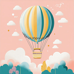 Fototapeta premium Scandinavian Boho Nursery Air Balloon playroom print in gender neutral colors. Sun and clouds. Vector illustration. Isolated Faboluo object
