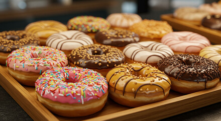 Delicious Assorted Donuts with Colorful Glazes and Chocolate Drizzle