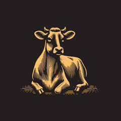 Fototapeta premium Jersey Cow Vector Illustration – Vintage Retro Logo Design on Black Background