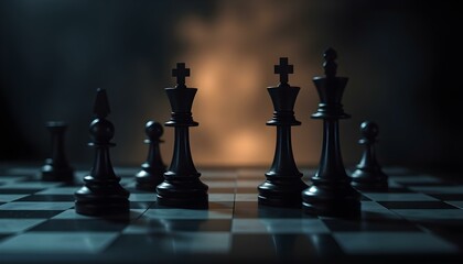 Strategic Chess Game: Black Kings on Dark Board, Close-up