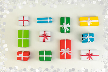 Gift boxes and colorful present for christmas on isolated white background. Top view with copy space.