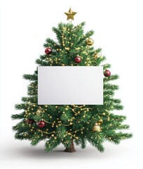 Festive Christmas tree with blank sign for message on white background.